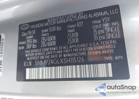 2025 Hyundai Santa Fe Sel из США, поврежденный, VIN 5NMP24GLXSH115126